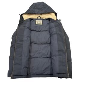 R23 LEVI'S Men's NWT Quilted Hooded Puffer Jacket Navy/Tan Medium